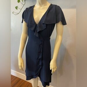 Women’s retro navy blue ruffled wrap midi dress size small